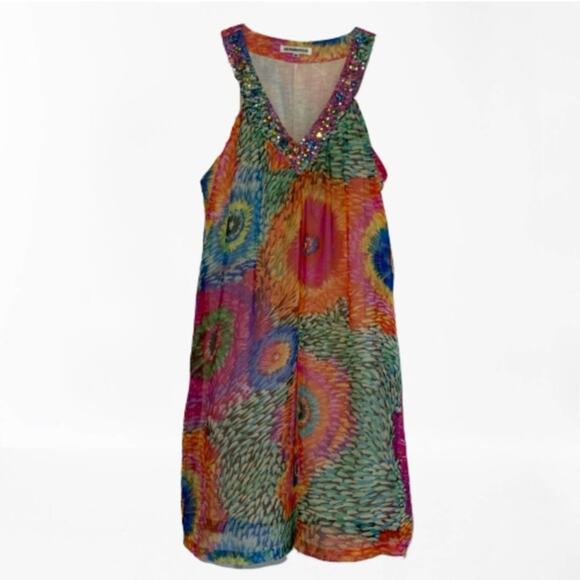 Alexandra Rosati Dress Tie-Dye Rainbow Floral Gemstone Embellished V-Neck Medium - Picture 1 of 8